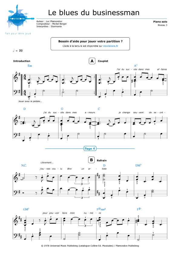 Piano sheet music Le blues du businessman (Starmania) | Noviscore sheets
