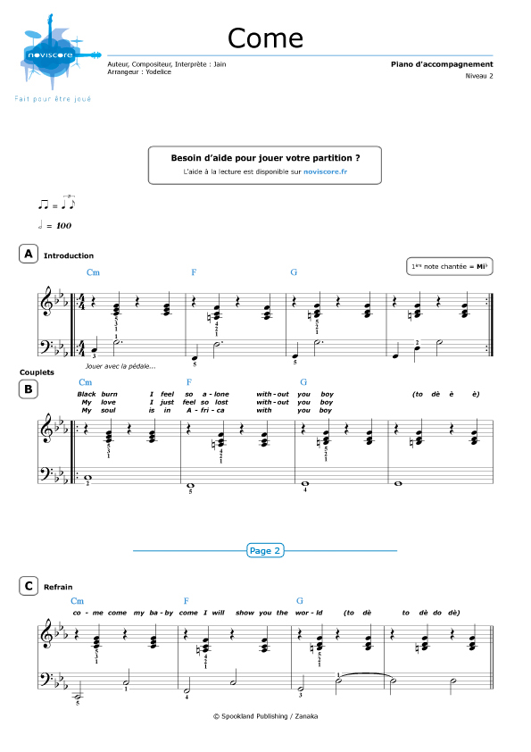 Piano sheet music Come (JAIN) | Noviscore sheets