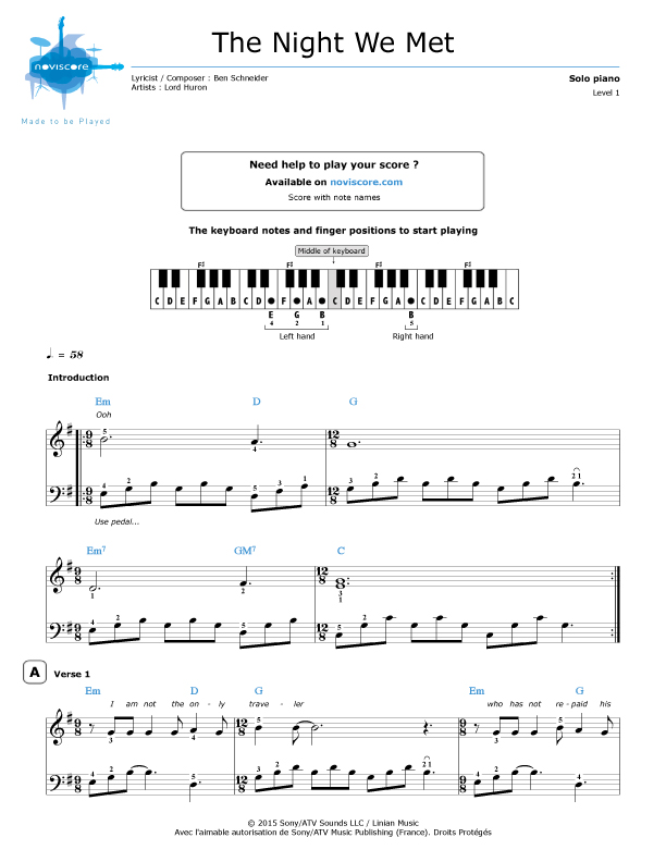 Piano sheet music The Night We Met (Lord Huron) | Noviscore sheets
