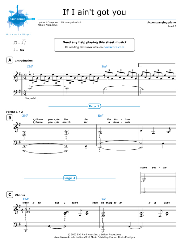 Piano sheet music for vocals If I Ain't Got You Alicia Keys