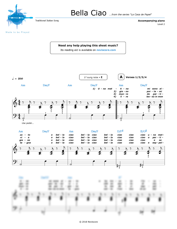 Piano Sheet Music Bella Ciao Chanson Traditionnelle Noviscore