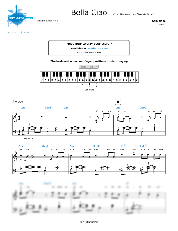 Piano Sheet Music Bella Ciao Chanson Traditionnelle Noviscore
