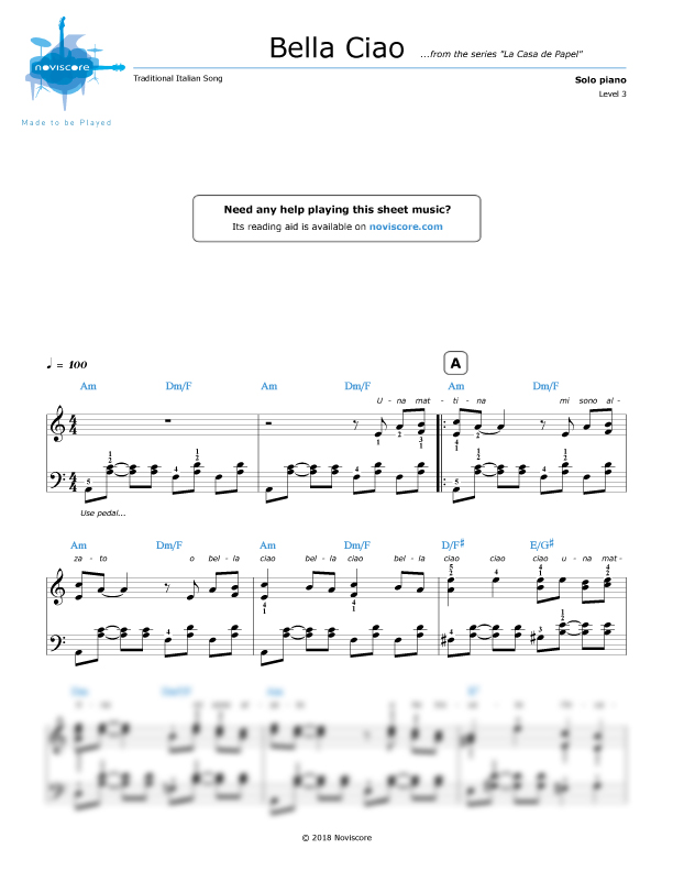 Piano Sheet Music Bella Ciao Chanson Traditionnelle Noviscore