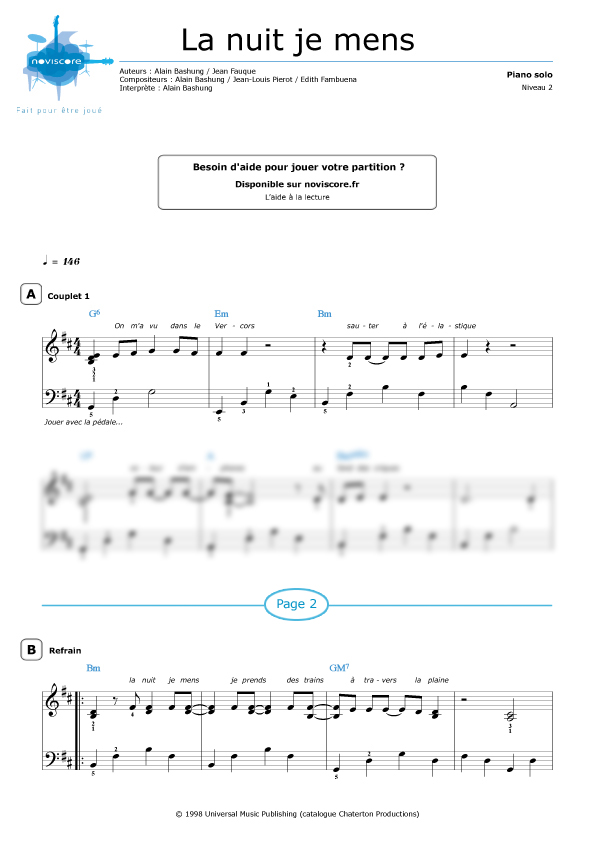 Paroles Bashung La Nuit Je Mens Piano sheet music La nuit je mens (Alain Bashung) | Noviscore sheets