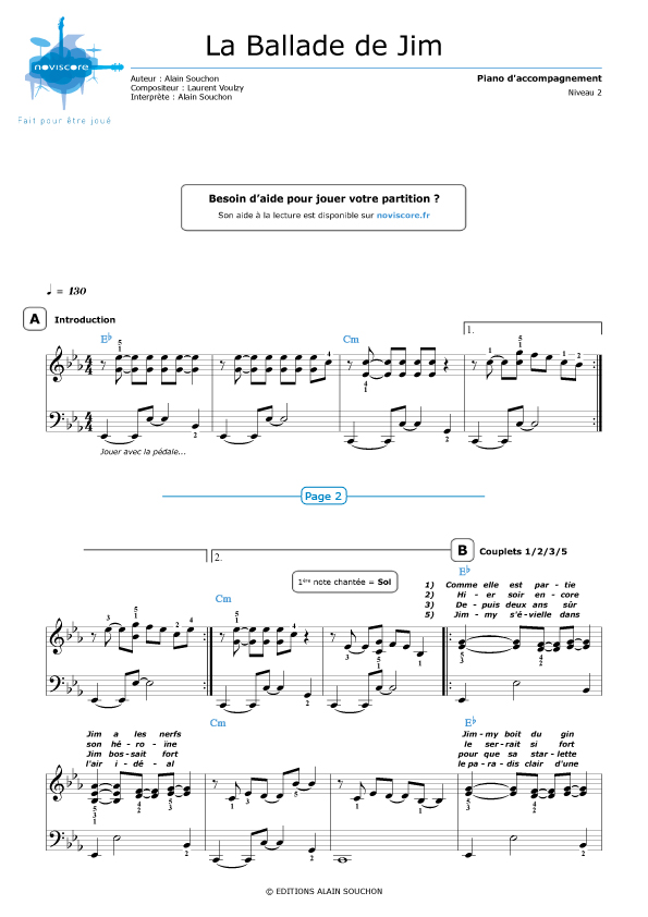 Piano sheet music La Ballade de Jim (Alain Souchon) | Noviscore sheets