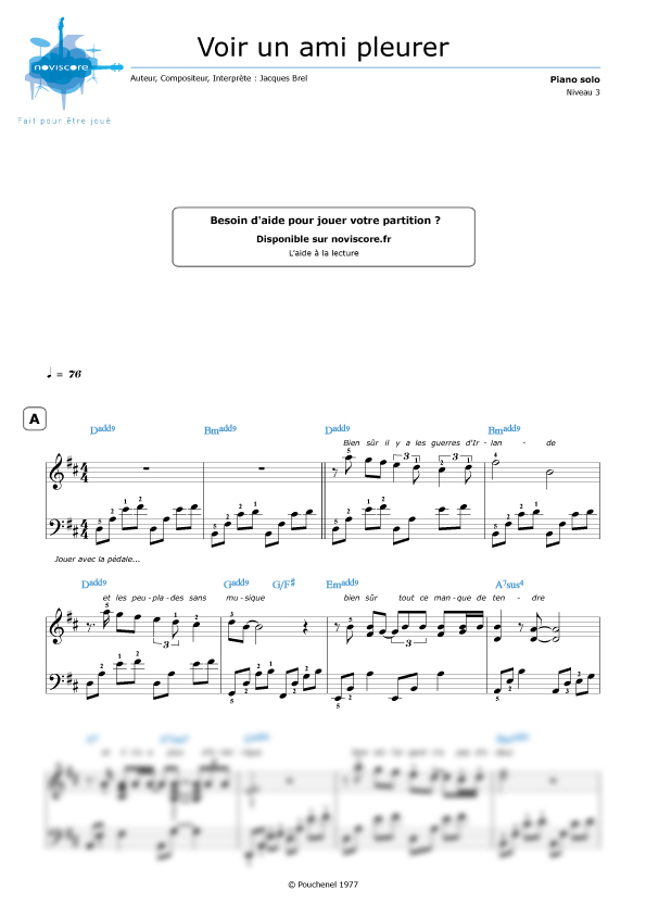 Piano sheet music Voir un ami pleurer (Jacques Brel) | Noviscore sheets