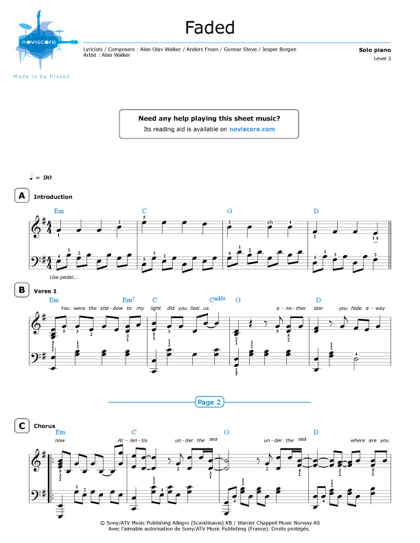 Piano Sheet Music Faded Alan Walker Noviscore Sheets - faded music sheets for roblox full