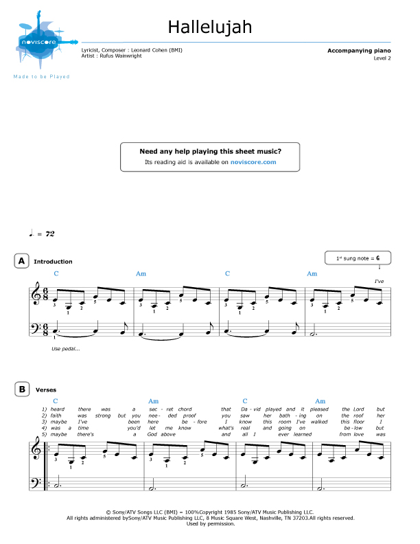 Piano sheet music Hallelujah (Rufus Wainwright) | Noviscore sheets