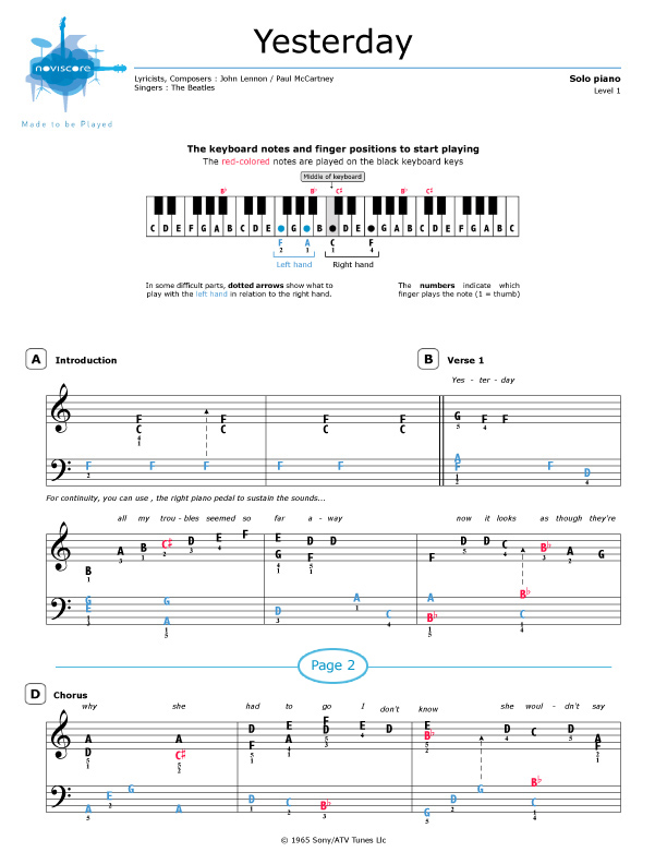 Yesterday Sheet Music The Beatles Big Note Piano
