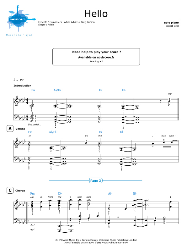 Piano Sheet Music Hello Adele Noviscore Sheets - 