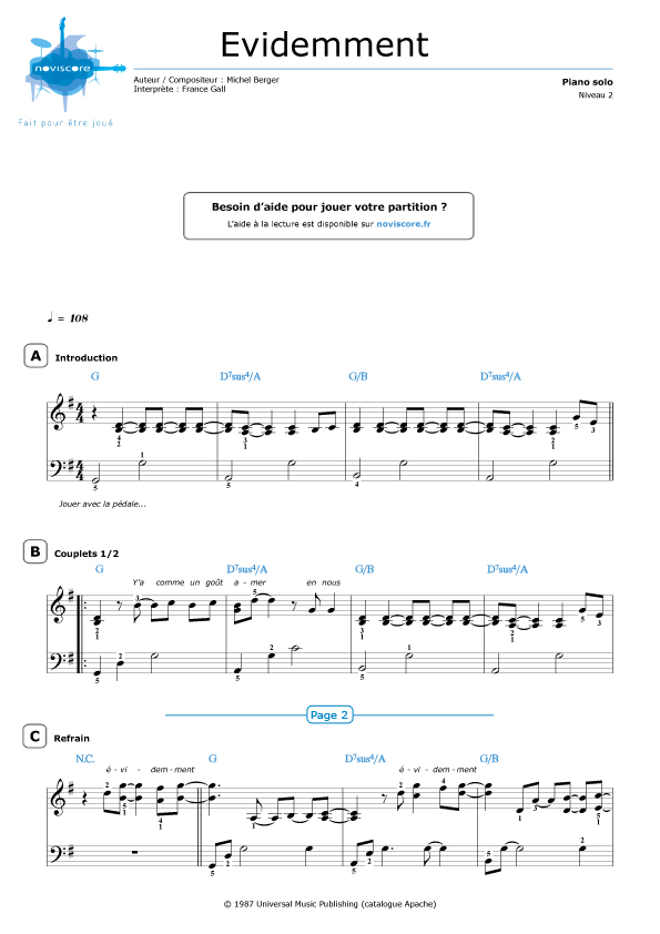 Piano sheet music Evidemment (France Gall) | Noviscore sheets