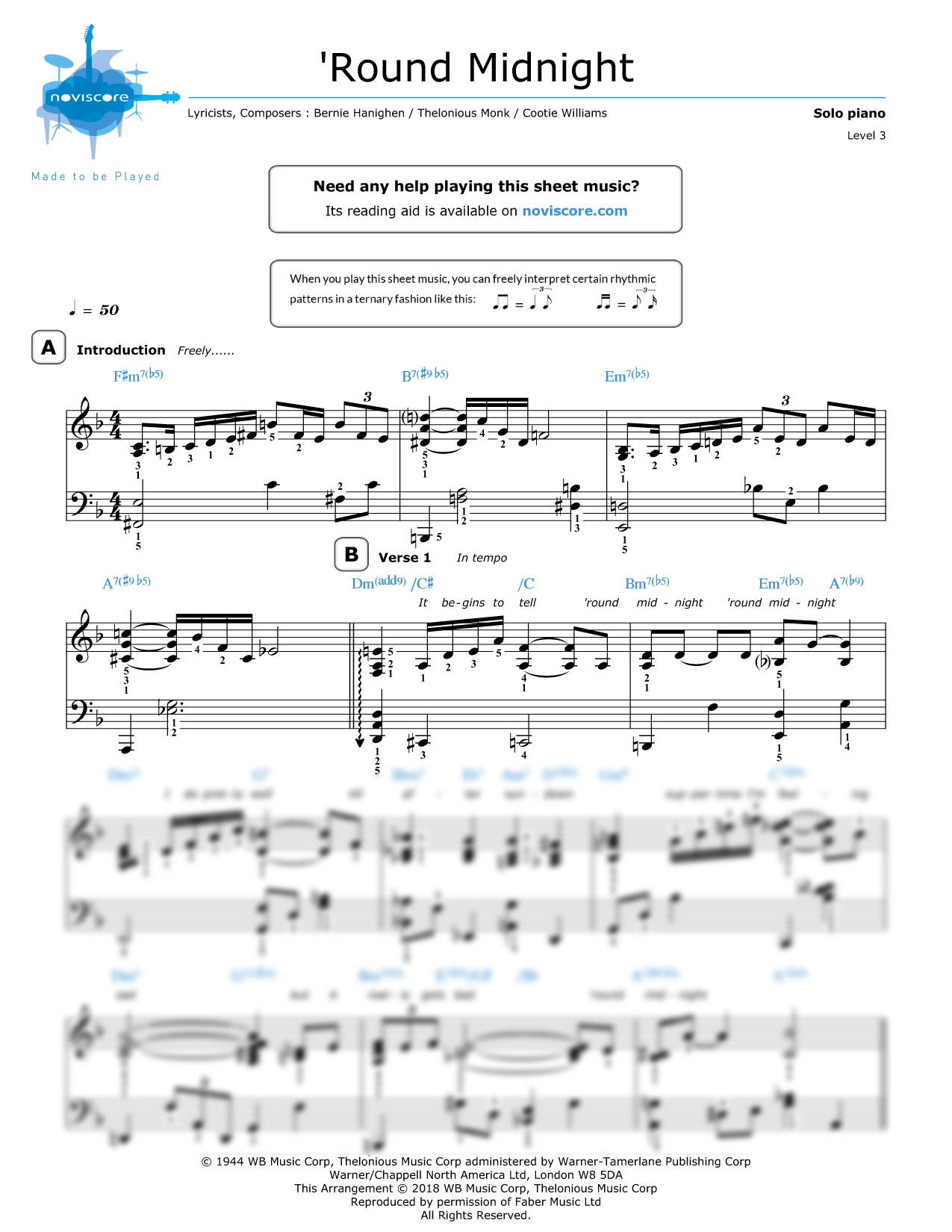 Piano sheet music Round Midnight Thelonious Monk | Noviscore sheets