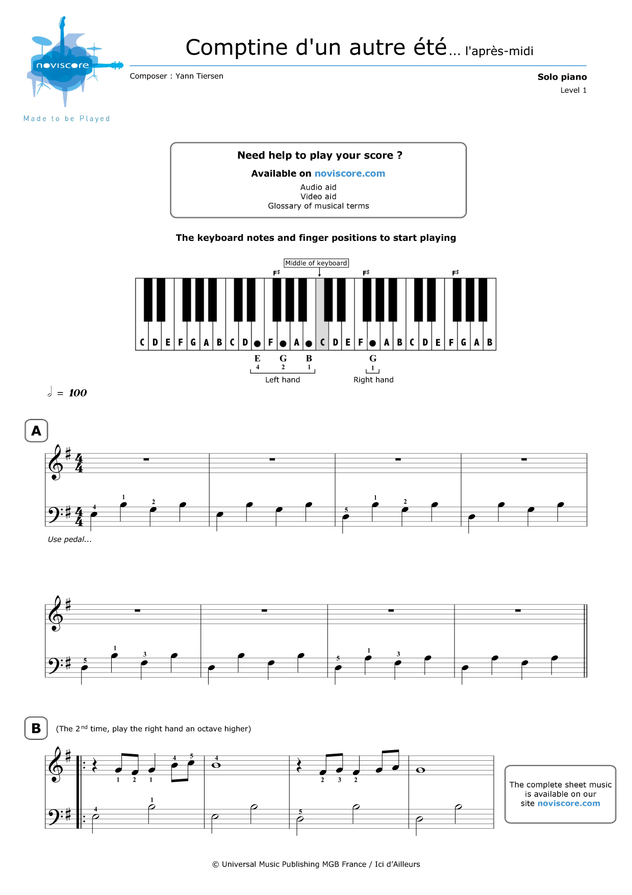 free Piano sheet music Comptine d'un autre été (Yann Tiersen
